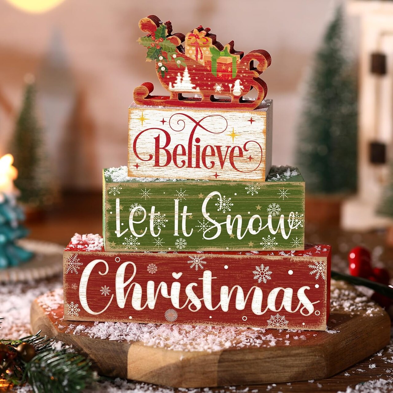 4 Pcs Christmas Sled Table Decor Wooden Block Sign Christmas Tiered Tray Decor Believe Let It Snow Christmas Wood Decor Christmas Centerpieces Farmhouse Wooden Block for Christmas Home